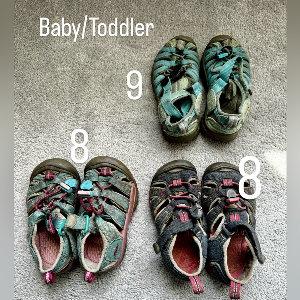 Lot of 3 Used toddler Keen waterproof shoes girls 9 and 8